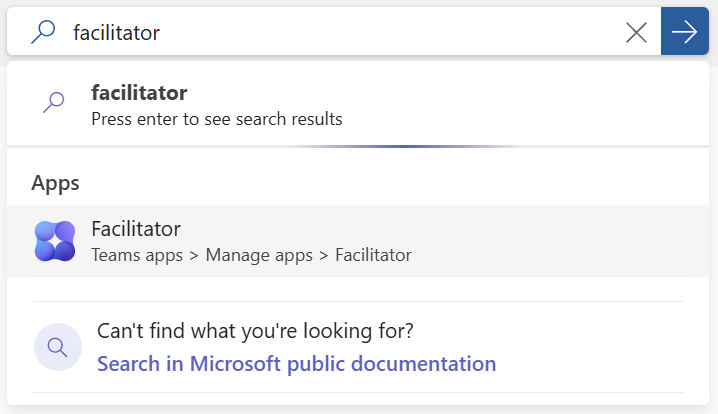Screenshot of the Teams Admin site performing a search for the Facilitator app