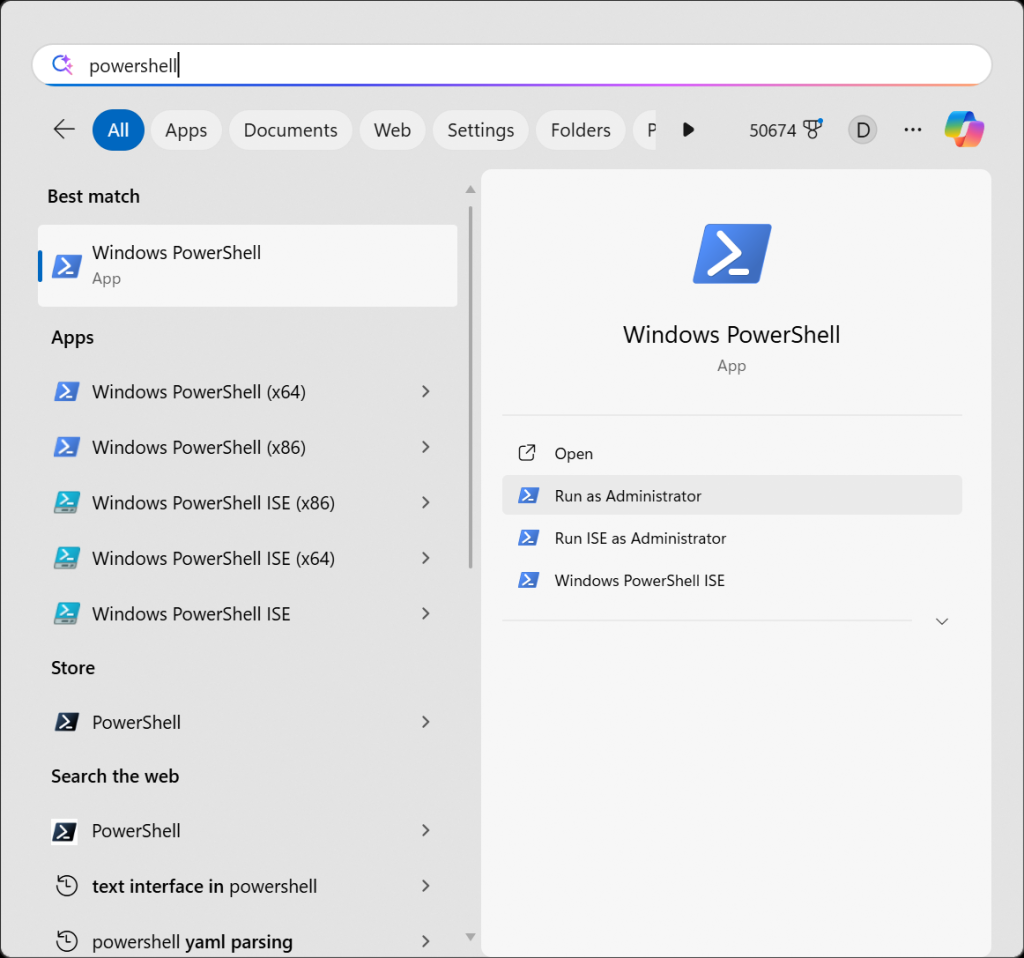 Screenshot of the Windows 11 Start menu. The user is typing the "powershell" command but has not typed the Enter key yet, instead allowing the Run as Administrator option to appear on the menu.