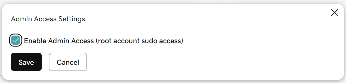 GoDaddy VPS settings screen showing the option to enable admin access for the server.