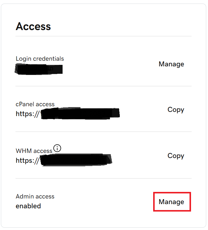 Screenshot of the GoDaddy VPS management dashboard showing the server access panel with options for managing login credentials and administrative access.