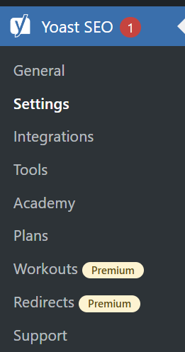 Screenshot of the Yoast SEO side menu with the Settings option highlighted. The Settings menu item is second from top after General.