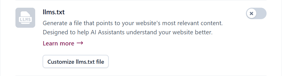 Screenshot of the llms.txt feature in Yoast, currently disabled