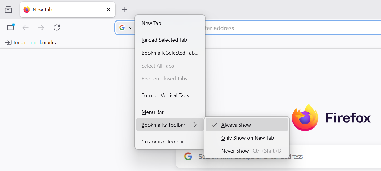Screenshot of the Bookmarks Toolbar menu, which lets you select between Always Show, Only Show on New Tab, or Never Show.