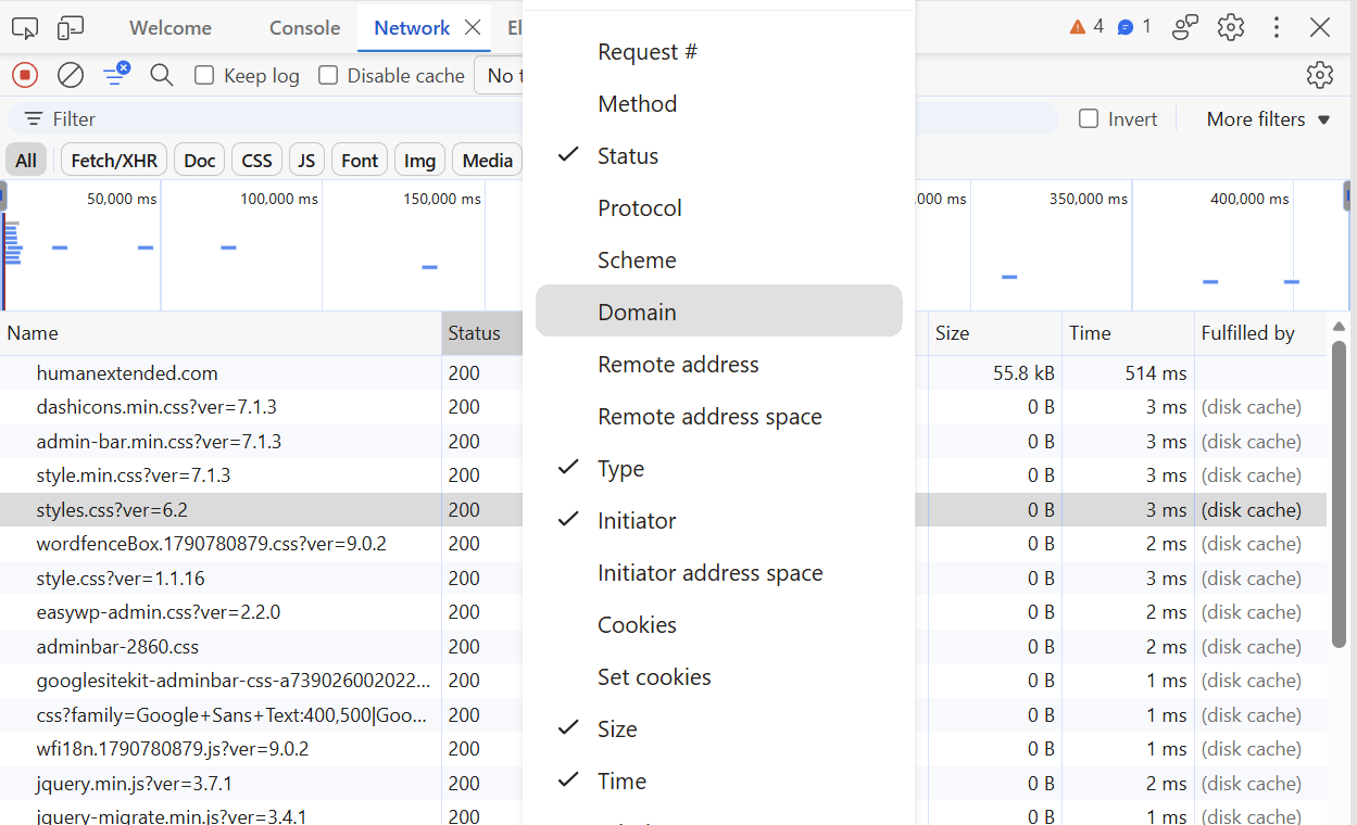 A screenshot of the popup menu that appears when right-clicking a header in the table. The menu has a list of columns that can be added, each with a checkbox (or unchecked).