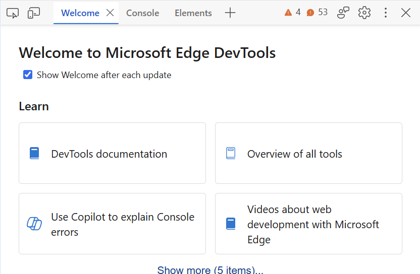 A screenshot of the Microsoft Edge DevTools panel showing a welcome screen. The same panel has additional tabs for Console and Elements, in addition to Welcome.