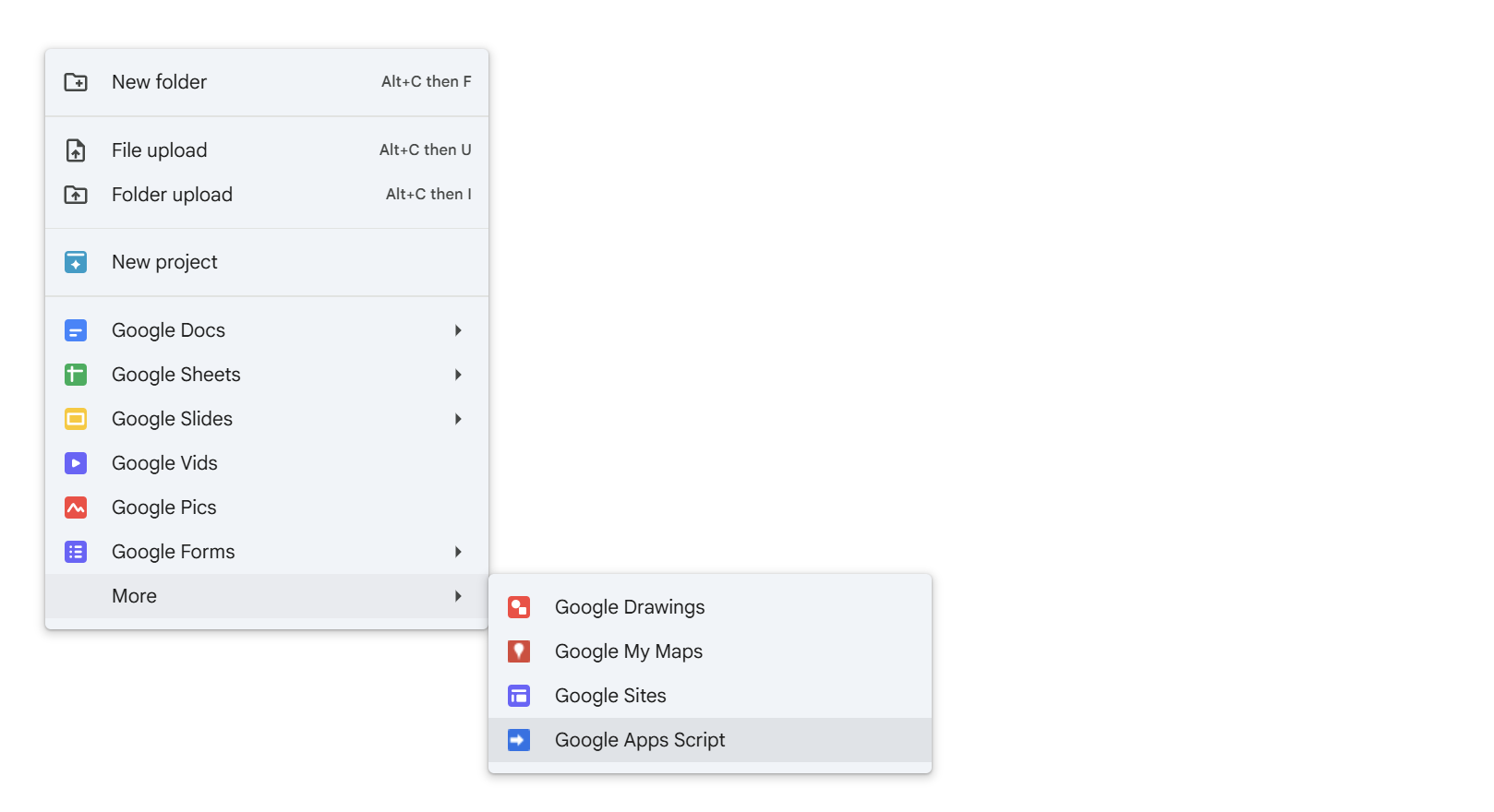 This screenshot shows the Google Drive context menu for creating new content. The More option is selected, showing advanced options not shown on the default menu including Google Apps Script.